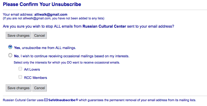 Unsubscribe options page