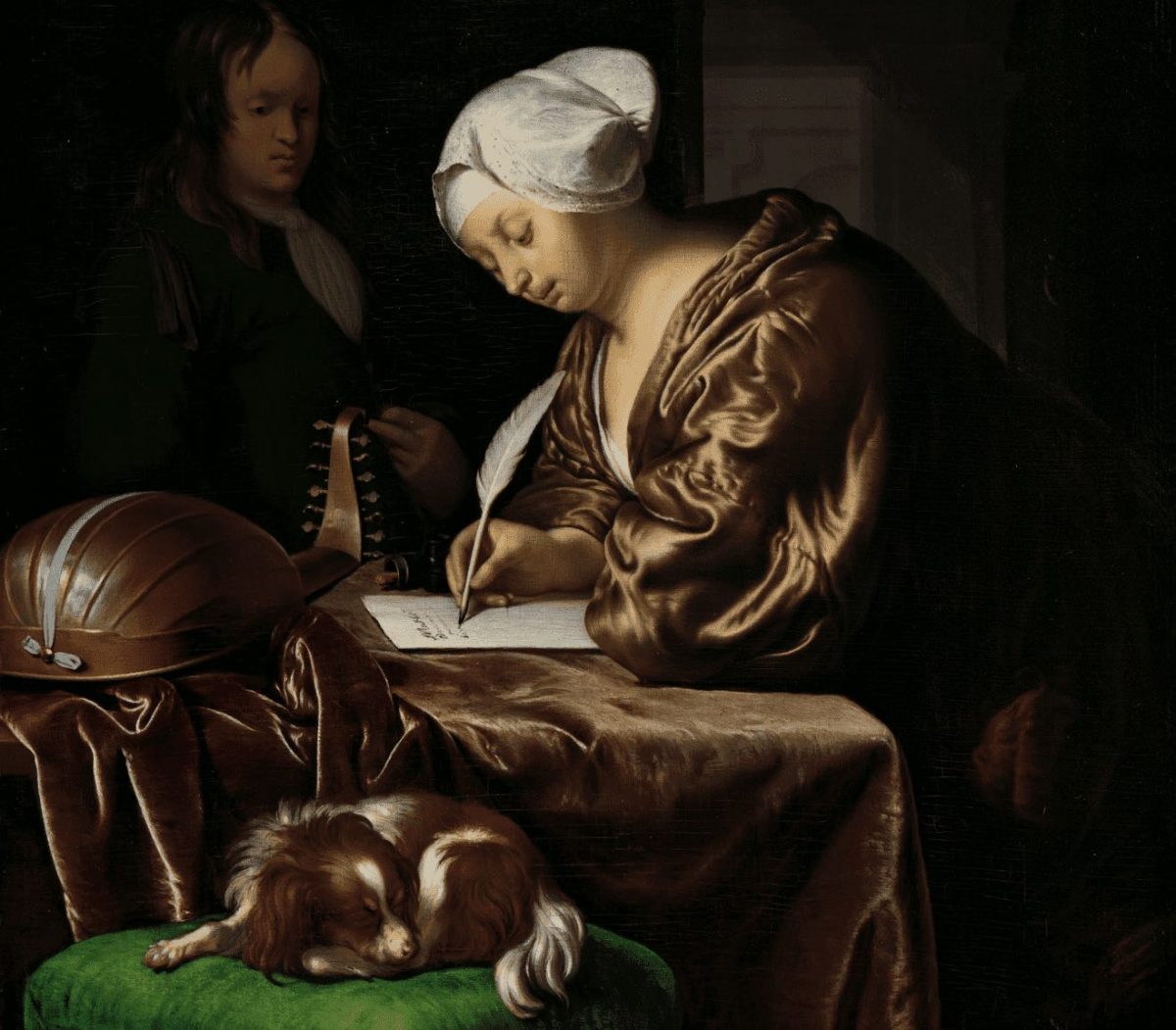 Painting of a woman writing with a quill in the Dutch style.