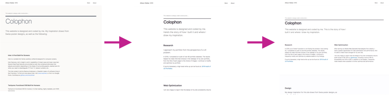 Screenshots of changes to the colophon page, from original to narrow width, to wide width again.