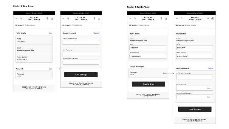 Reset password wireframes