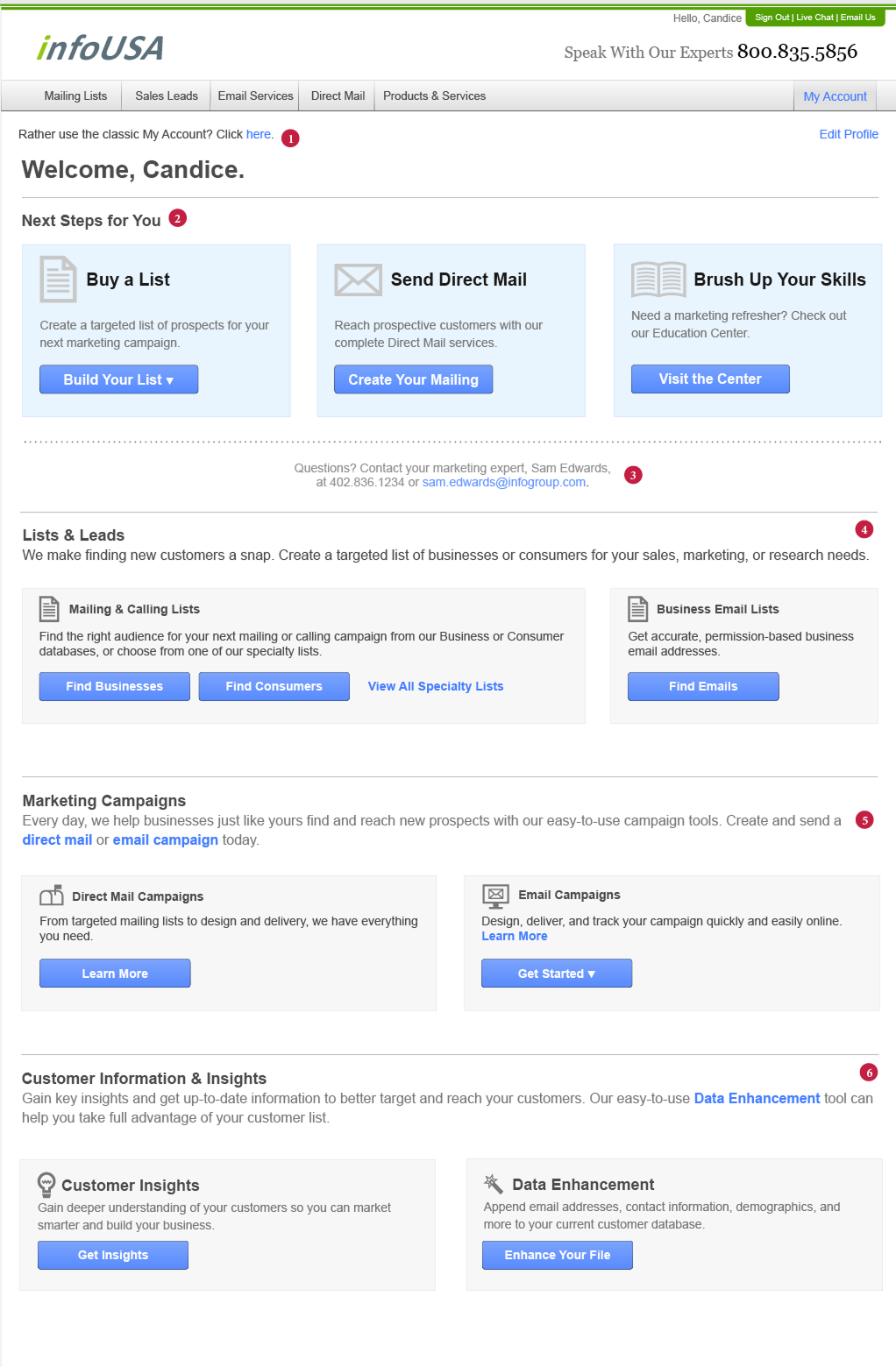 InfoUSA landing page wireframe, empty state view